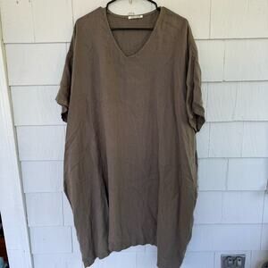 Black Crane V-Neck Short Sleeve Linen Dress Brown size XS